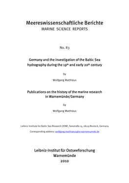 Germany and the Investigation of the Baltic Sea Hydrography During the 19 Th and Early 20 Th Century