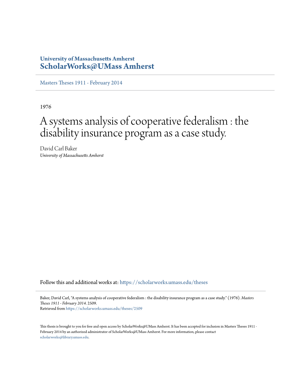 A Systems Analysis of Cooperative Federalism : the Disability Insurance Program As a Case Study