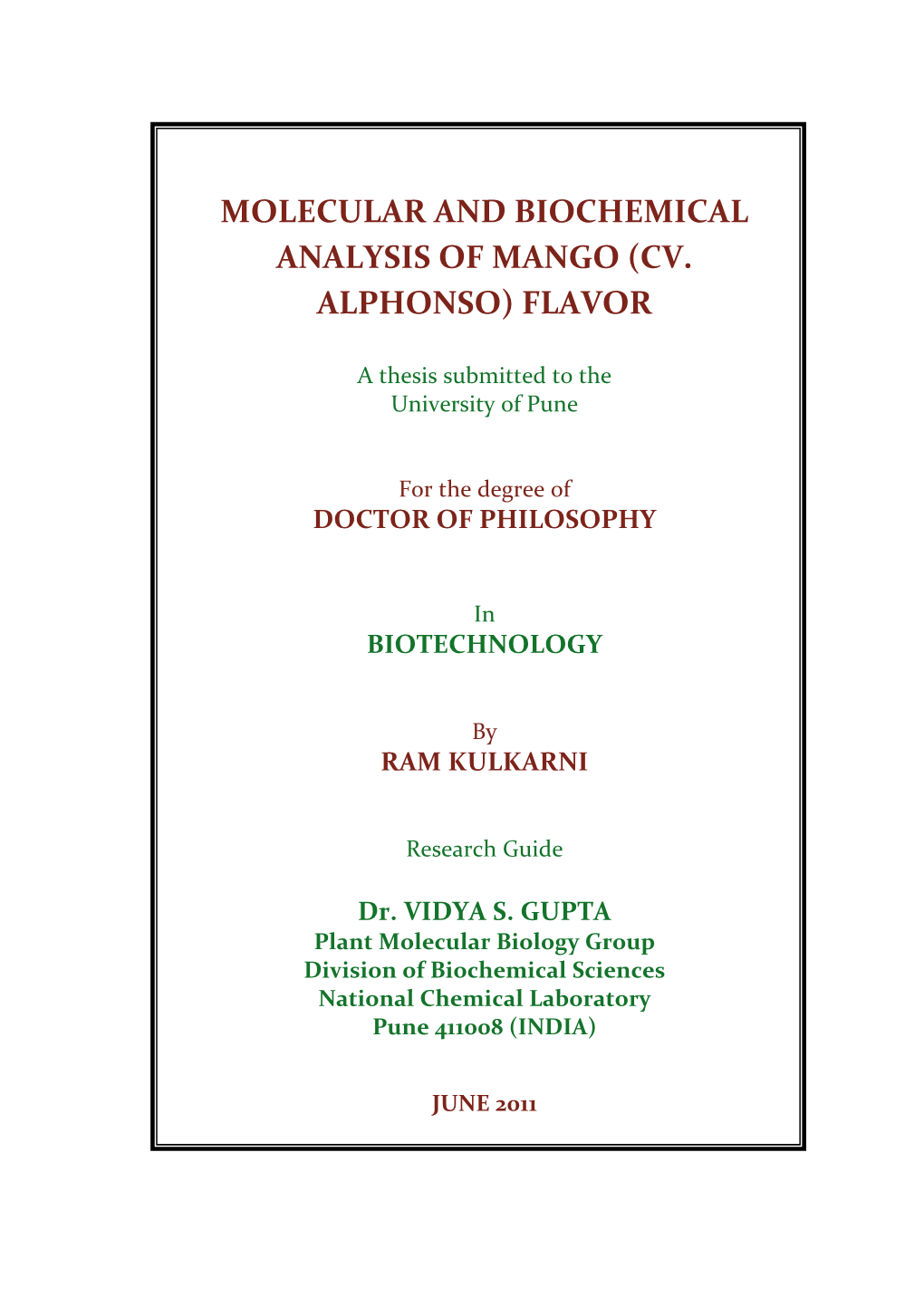 Molecular and Biochemical Analysis of Mango (Cv