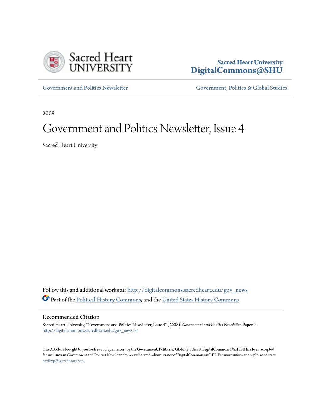 Government and Politics Newsletter, Issue 4 Sacred Heart University