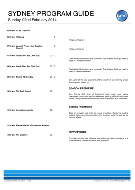 SYDNEY PROGRAM GUIDE Sunday 02Nd February 2014