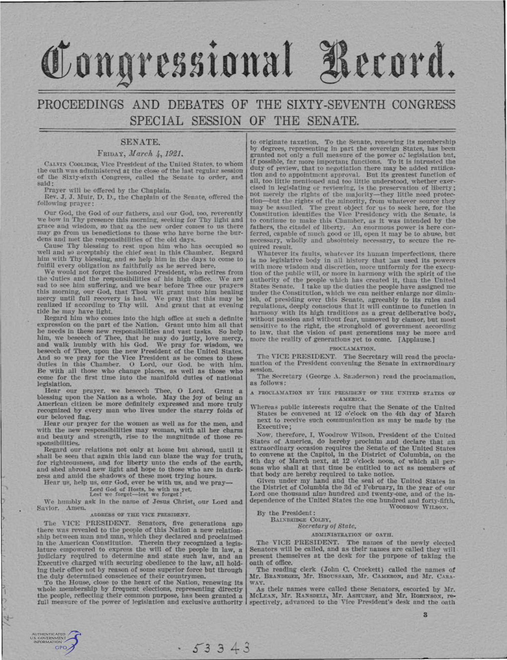 Or Ngrt!Isinnal Jrrnrd. PROCEEDINGS and DEBATES of the SIXTY-SEVENTH CONGRESS SPECIAL SESSION of the SENATE