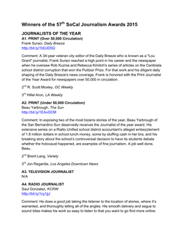 Winners of the 57Th Socal Journalism Awards 2015