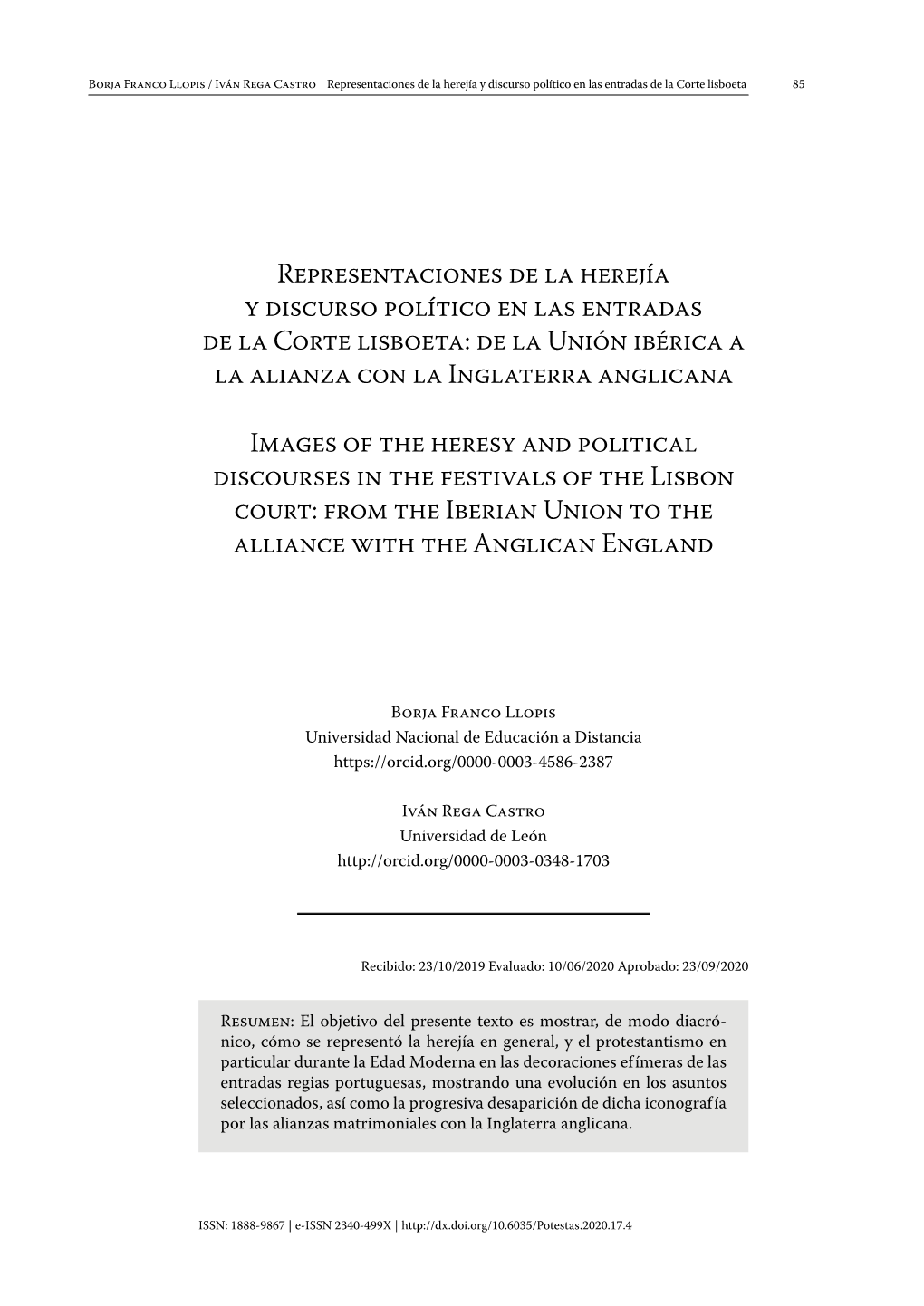 Representaciones De La Herejía Y Discurso Político En Las Entradas De La Corte Lisboeta 85