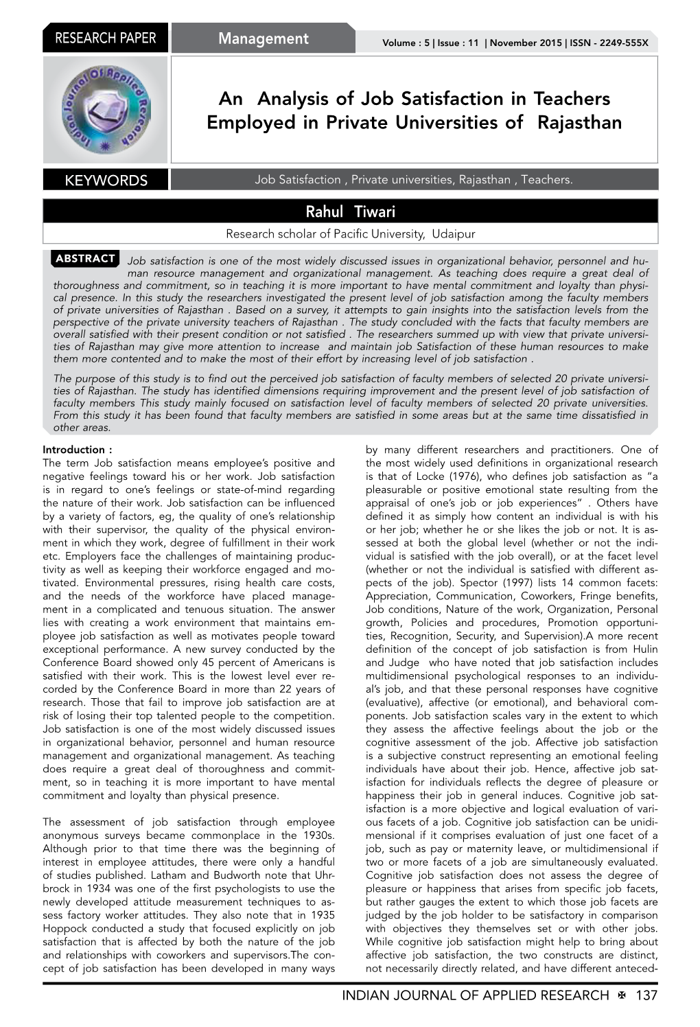 An Analysis of Job Satisfaction in Teachers Employed in Private Universities of Rajasthan