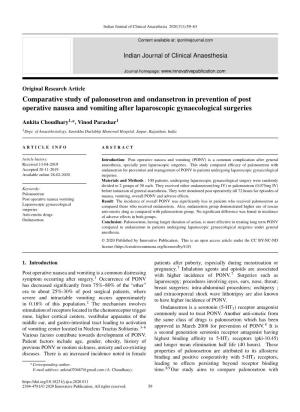 Comparative Study of Palonosetron and Ondansetron in Prevention of Post Operative Nausea and Vomiting After Laparoscopic Gynaecological Surgeries