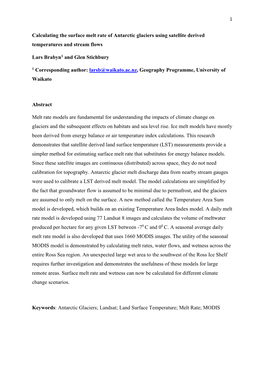 Calculating the Surface Melt Rate of Antarctic Glaciers Using Satellite Derived Temperatures and Stream Flows