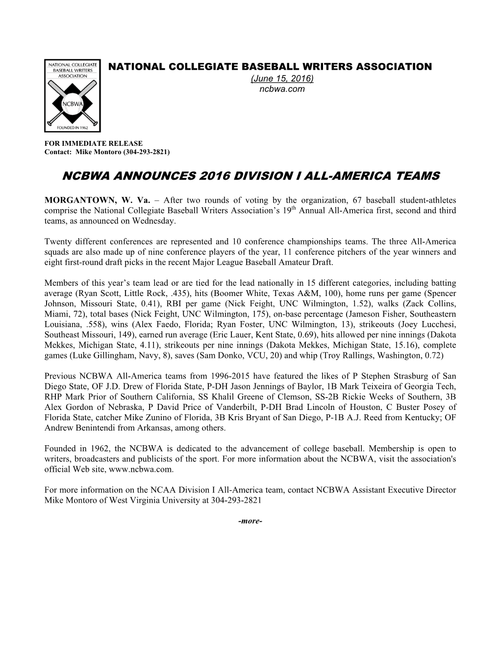Ncbwa Announces 2016 Division I All-America Teams
