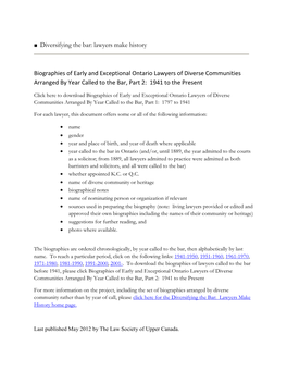 Diversifying the Bar: Lawyers Make History Biographies of Early and Exceptional Ontario Lawyers of Diverse Communities Arran