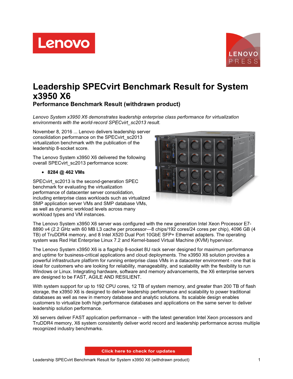 Leadership Specvirt Benchmark Result for System X3950 X6 Performance Benchmark Result (Withdrawn Product)