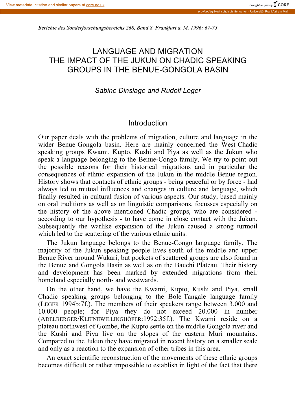 Language and Migration the Impact of the Jukun on Chadic Speaking Groups in the Benue-Gongola Basin