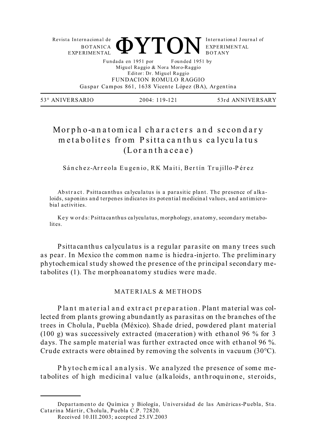 Morpho-Anatomical Characters and Secondary Metabolites from Psittacanthus Calyculatus (Loranthaceae)