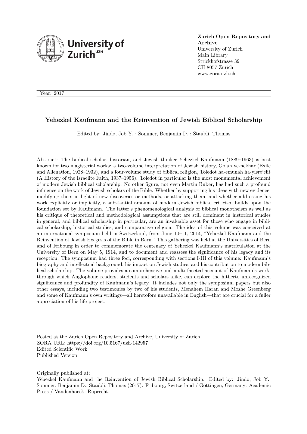 Yehezkel Kaufmann and the Reinvention of Jewish Biblical Scholarship