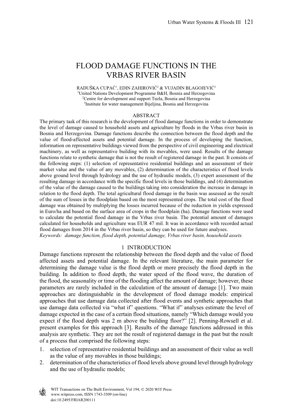 Flood Damage Functions in the Vrbas River Basin