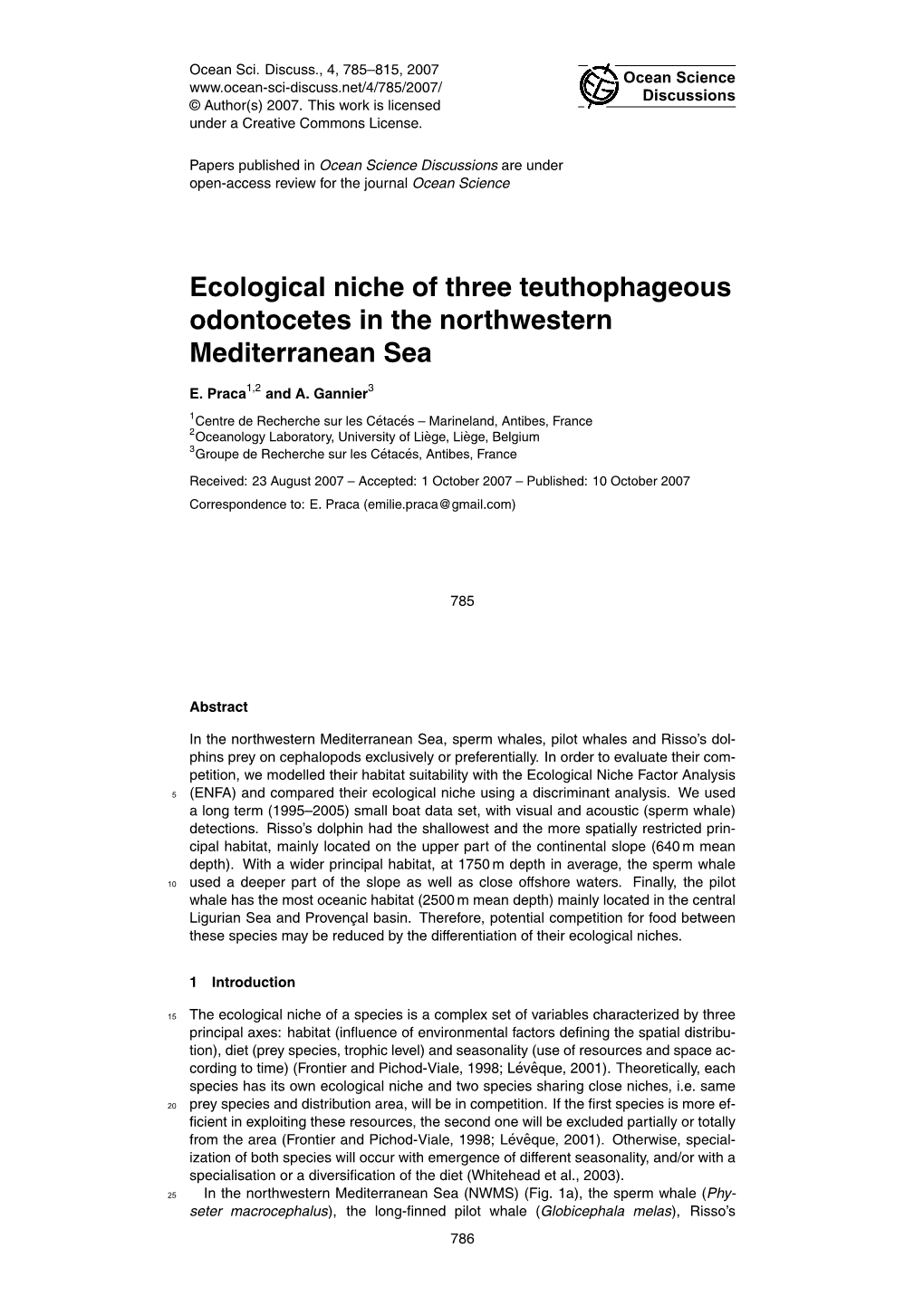 Ecological Niche of Three Teuthophageous Odontocetes in the Northwestern Mediterranean Sea