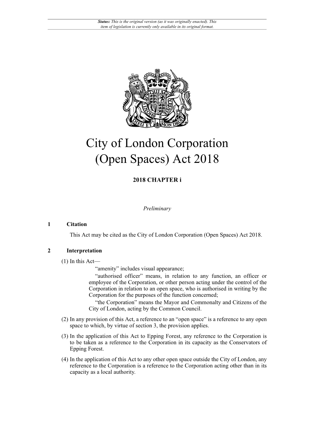 City of London Corporation (Open Spaces) Act 2018