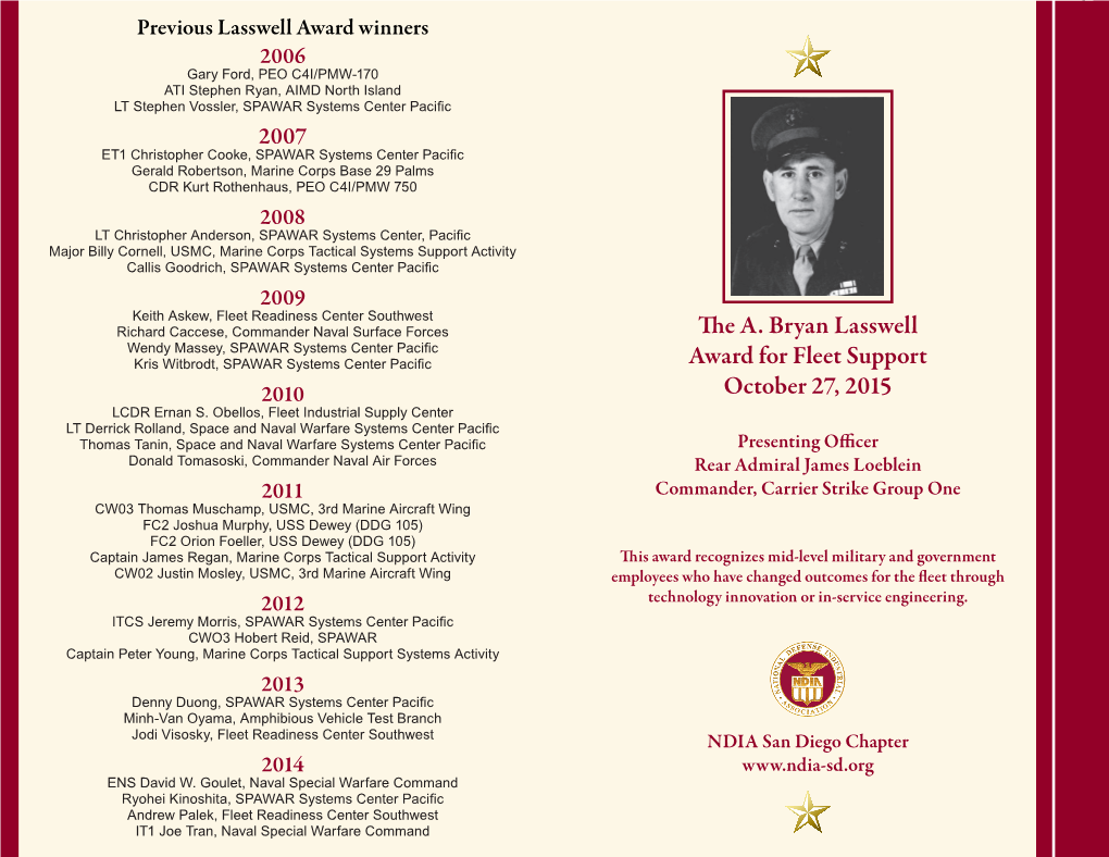 The A. Bryan Lasswell Award for Fleet Support October 27, 2015
