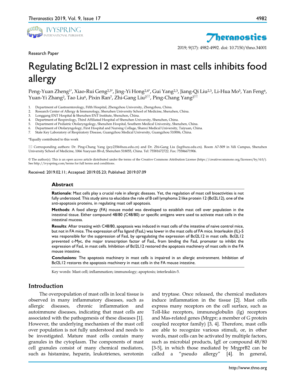 Regulating Bcl2l12 Expression in Mast Cells Inhibits Food Allergy