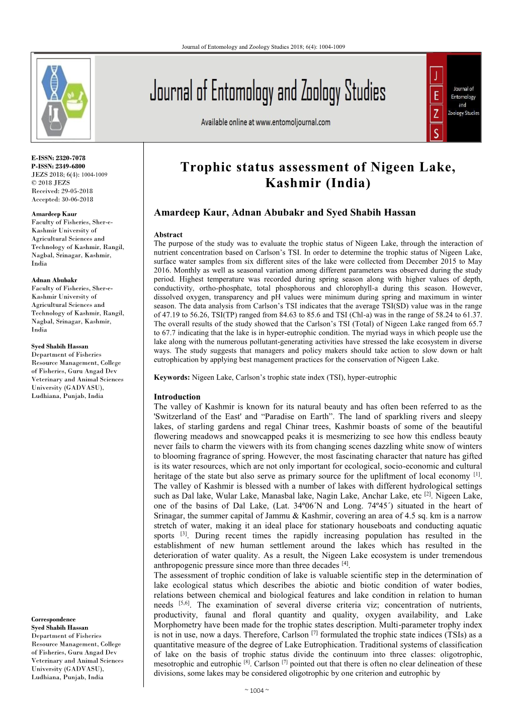 Trophic Status Assessment of Nigeen Lake, Kashmir (India)