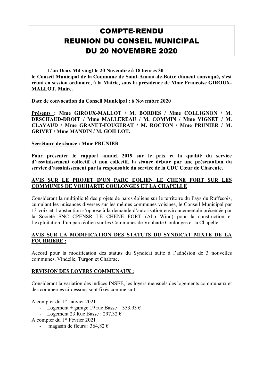 Compte-Rendu Reunion Du Conseil Municipal Du 20 Novembre 2020