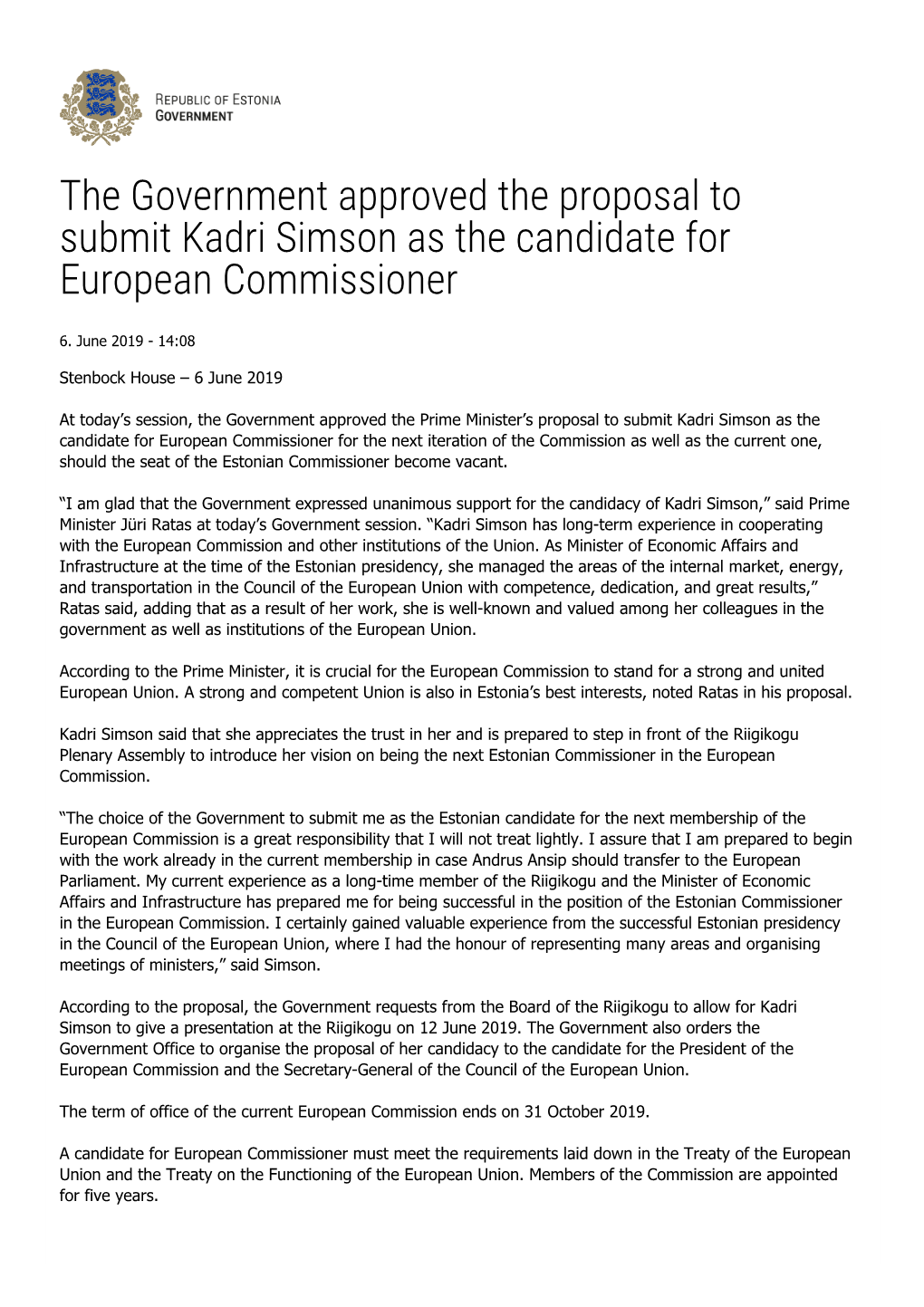 The Government Approved the Proposal to Submit Kadri Simson As the Candidate for European Commissioner