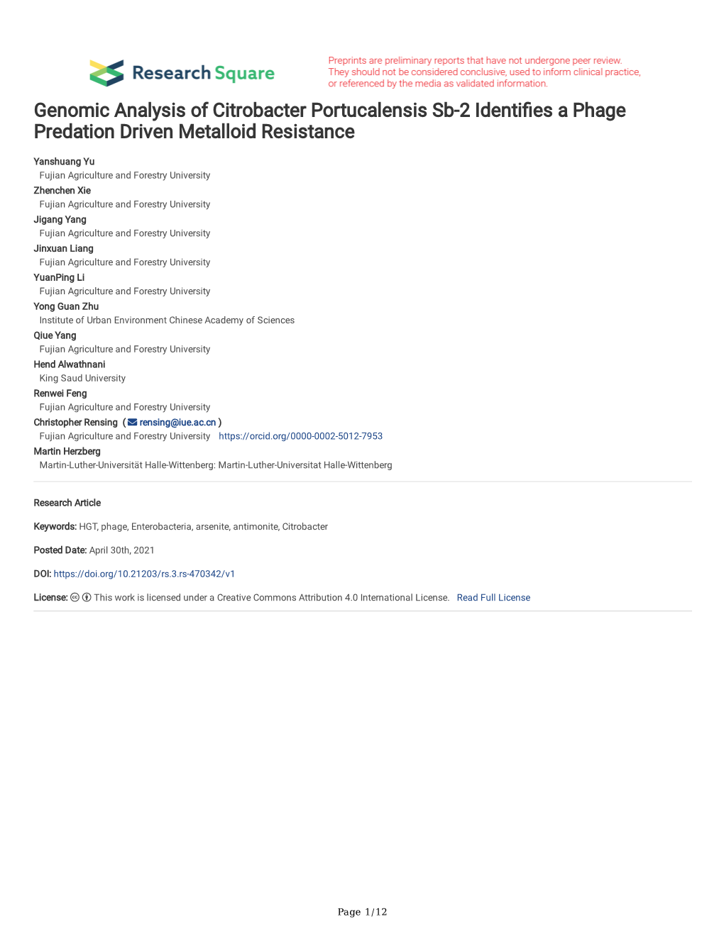 Genomic Analysis of Citrobacter Portucalensis Sb-2 Identi Es A