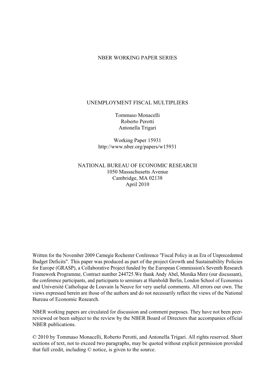 Nber Working Paper Series Unemployment Fiscal