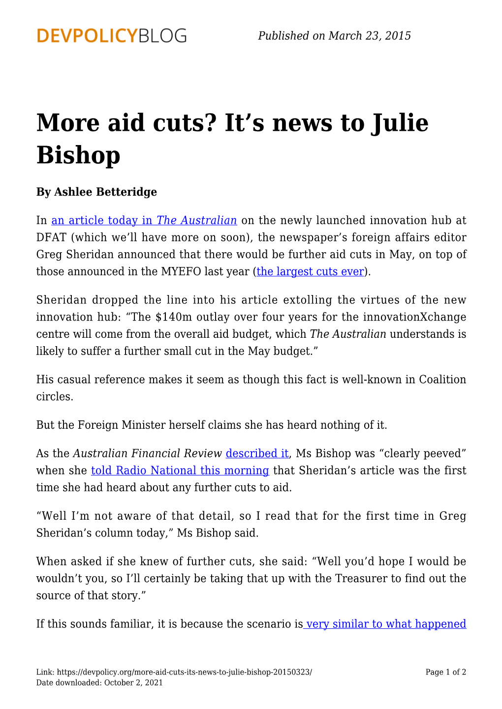 More Aid Cuts? It's News to Julie Bishop