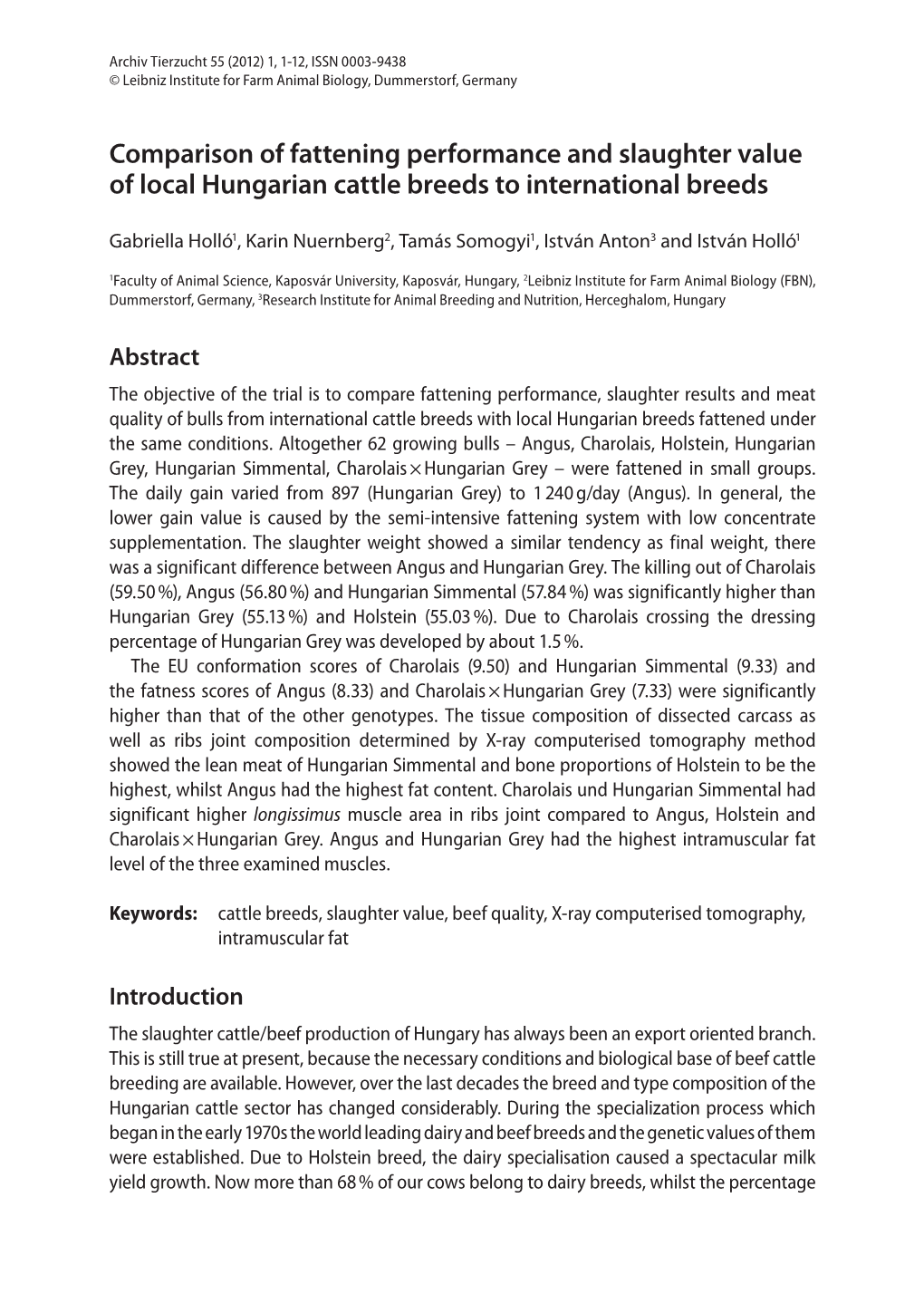 Comparison of Fattening Performance and Slaughter Value of Local Hungarian Cattle Breeds to International Breeds