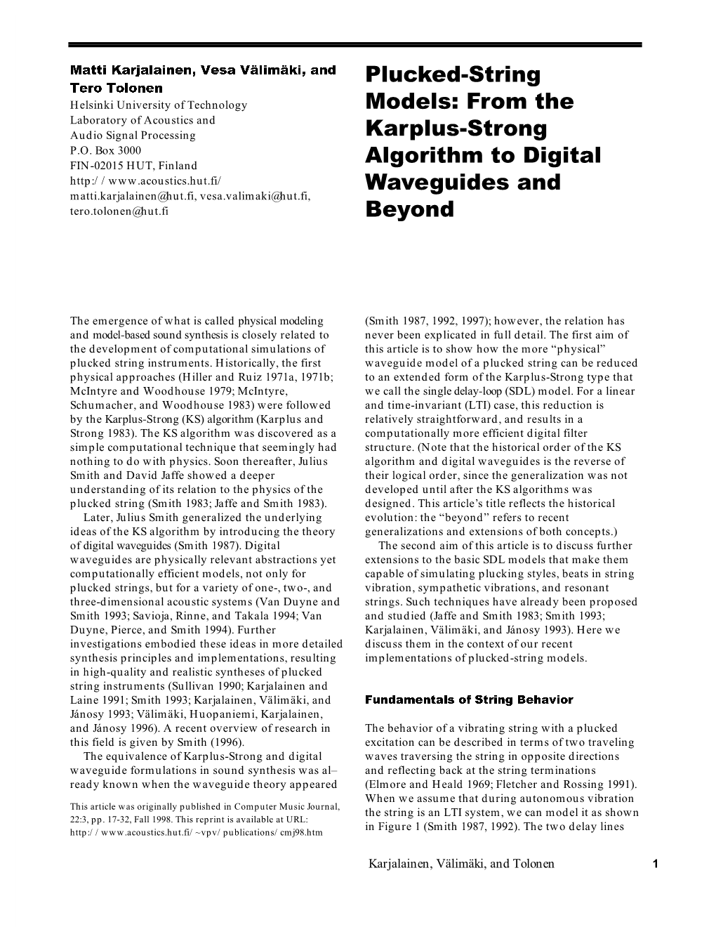 Plucked-String Models: from the Karplus-Strong Algorithm to Digital