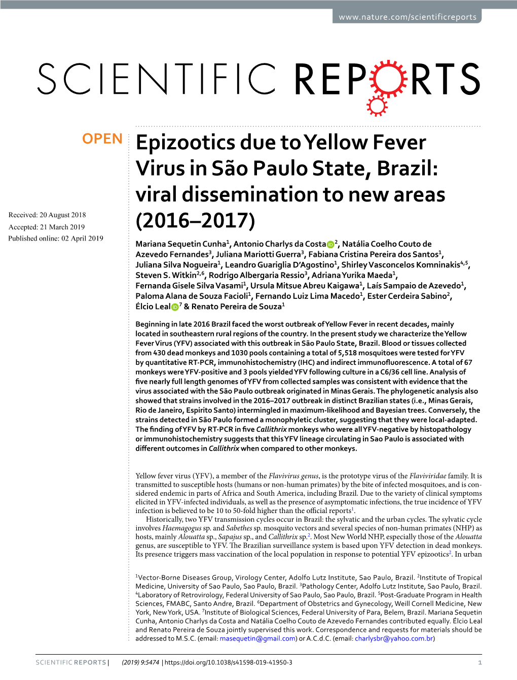 Epizootics Due to Yellow Fever Virus in São Paulo State, Brazil