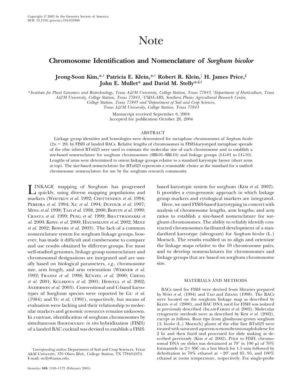 Chromosome Identification and Nomenclature of Sorghum Bicolor
