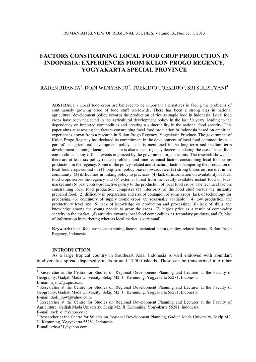 Factors Constraining Local Food Crop Production in Indonesia: Experiences from Kulon Progo Regency, Yogyakarta Special Province