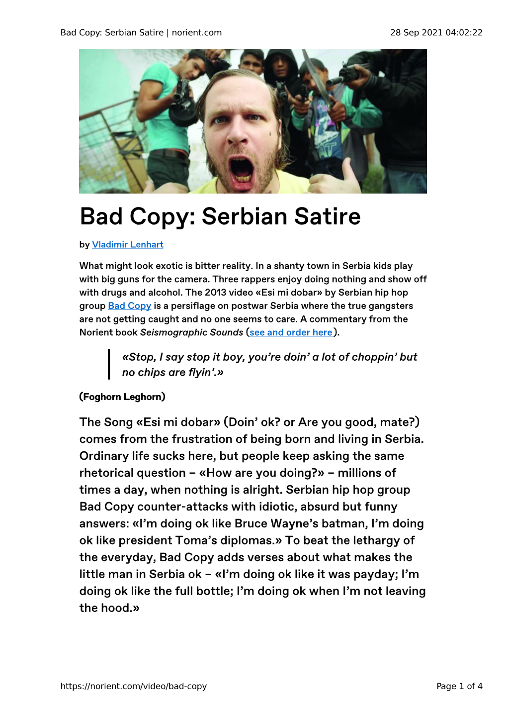 Bad Copy: Serbian Satire | Norient.Com 28 Sep 2021 04:02:22