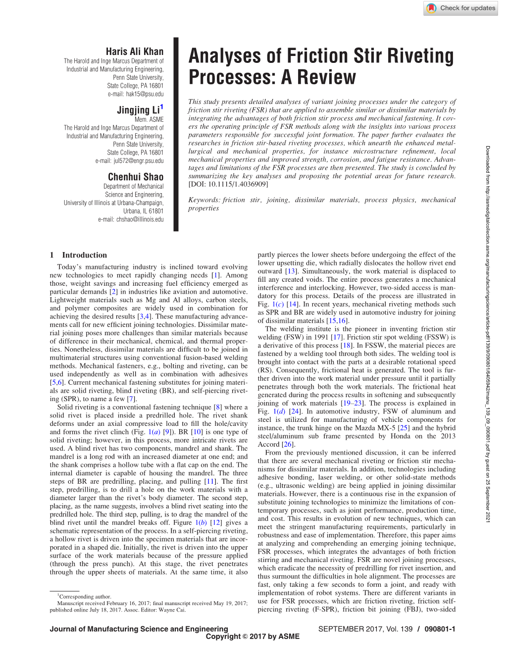 Analyses of Friction Stir Riveting Processes: a Review