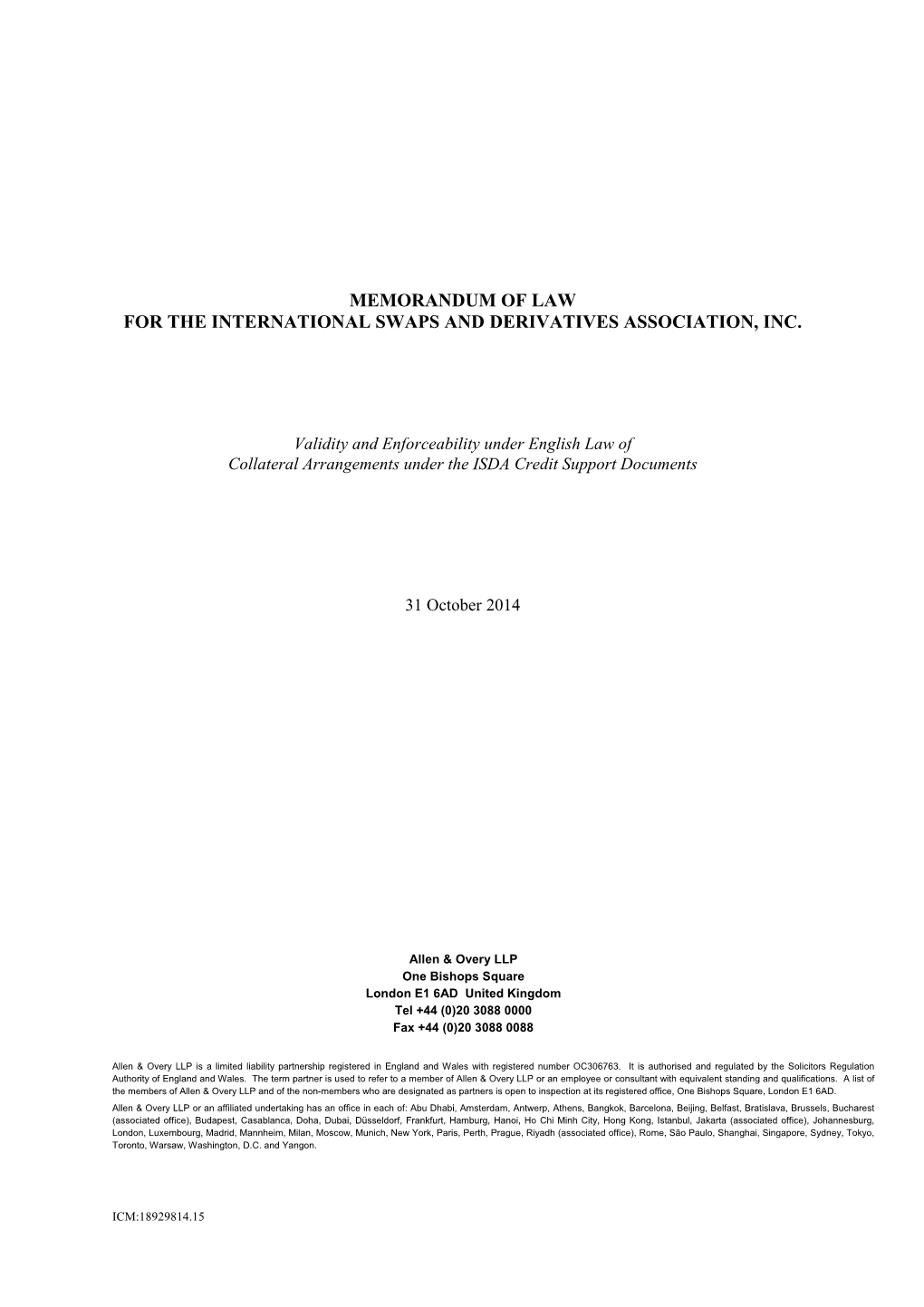 Memorandum of Law for the International Swaps and Derivatives Association, Inc