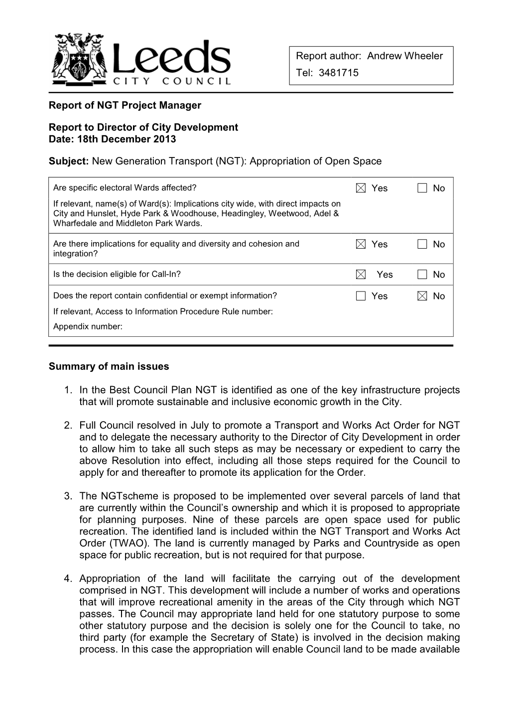 Report of NGT Project Manager Report To