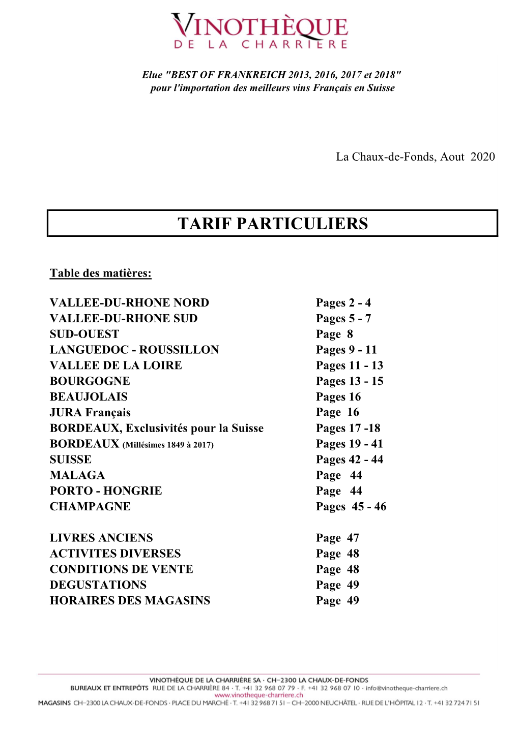 Tarif Août 2020