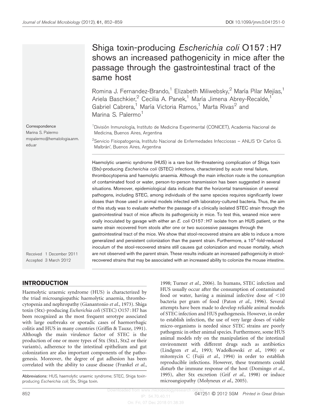 Shiga Toxin-Producing Escherichia Coli O157 : H7 Shows an Increased Pathogenicity in Mice After the Passage Through the Gastrointestinal Tract of the Same Host