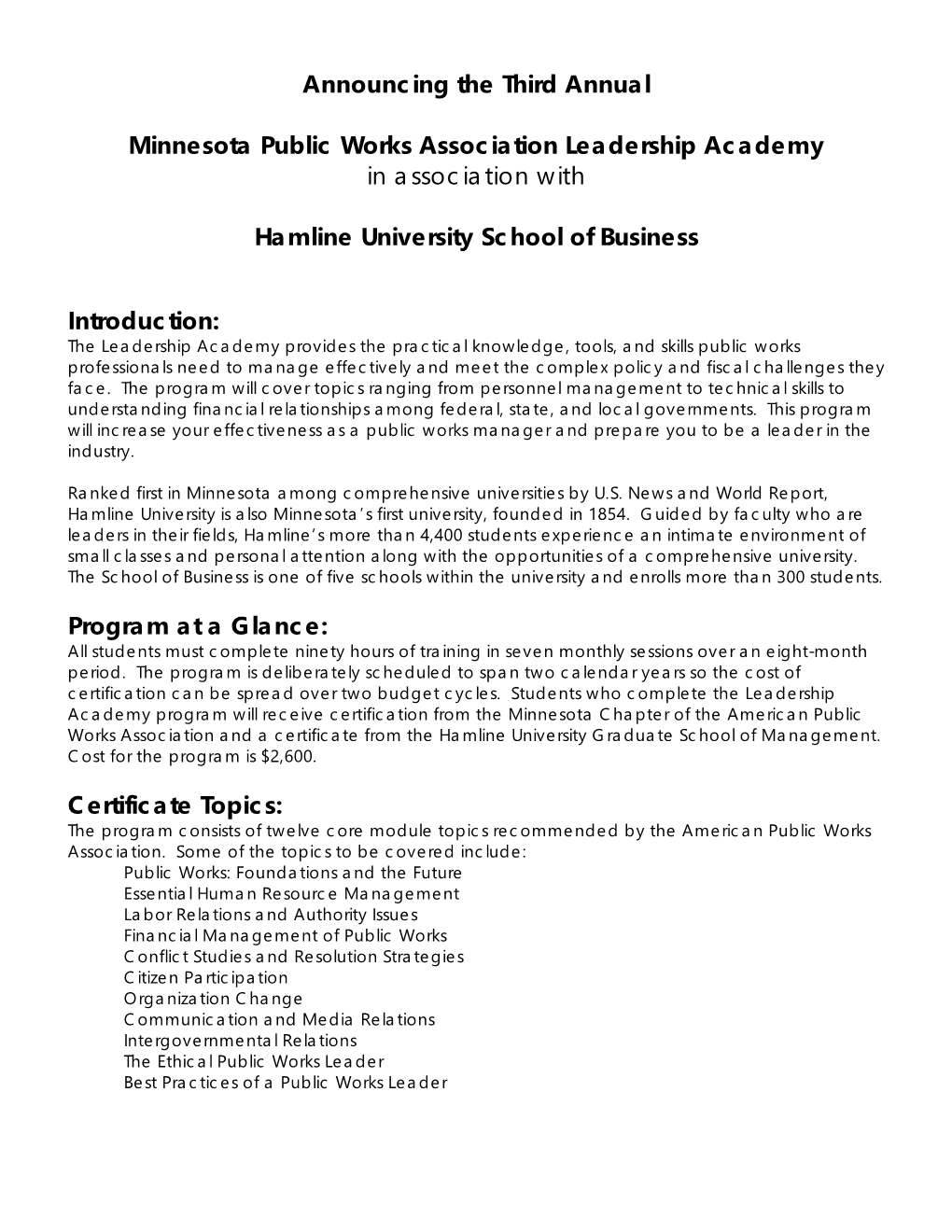 Minnesota Public Works Association Leadership Academy in Association With