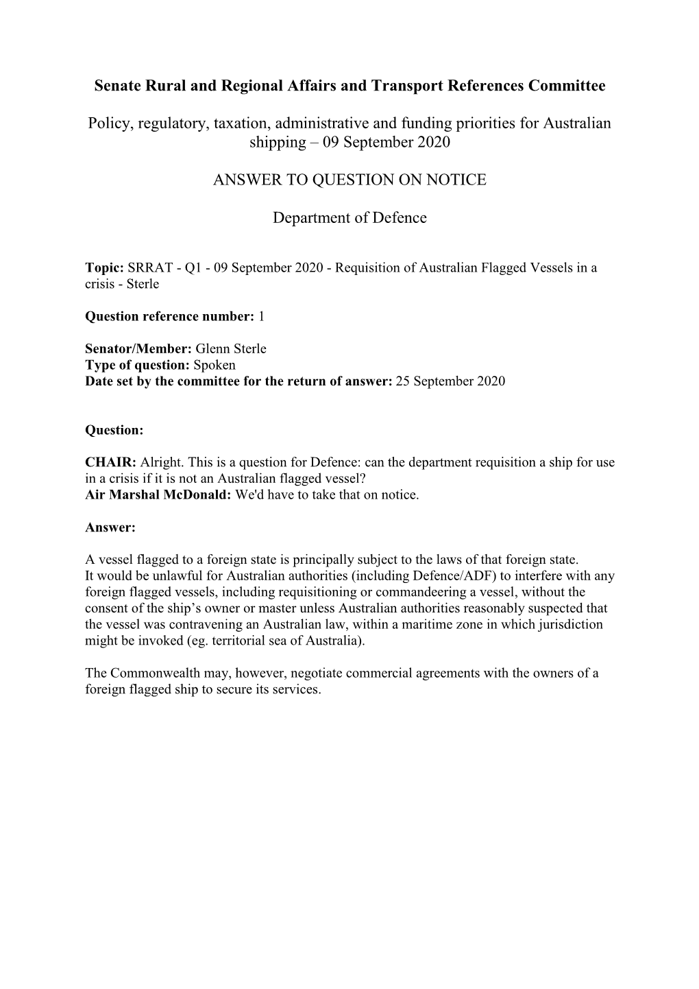 Senate Rural and Regional Affairs and Transport References Committee Policy, Regulatory, Taxation, Administrative and Funding Pr