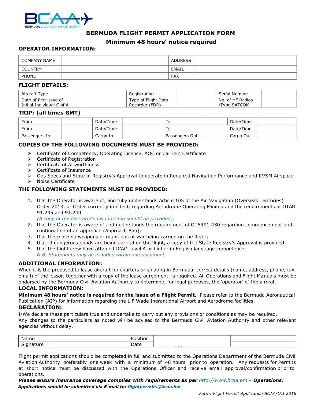 BERMUDA FLIGHT PERMIT APPLICATION FORM Minimum 48 Hours' Notice Required