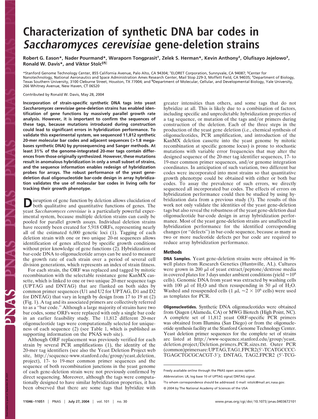 Characterization of Synthetic DNA Bar Codes in Saccharomyces Cerevisiae Gene-Deletion Strains