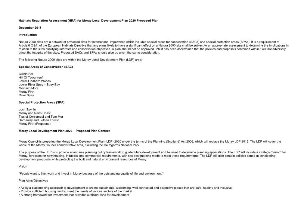 Habitats Regulation Assessment (HRA) for Moray Local Development Plan 2020 Proposed Plan