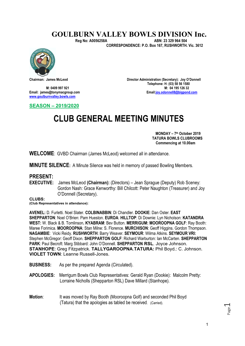 2019 -2020 Season – General Meeting Minutes