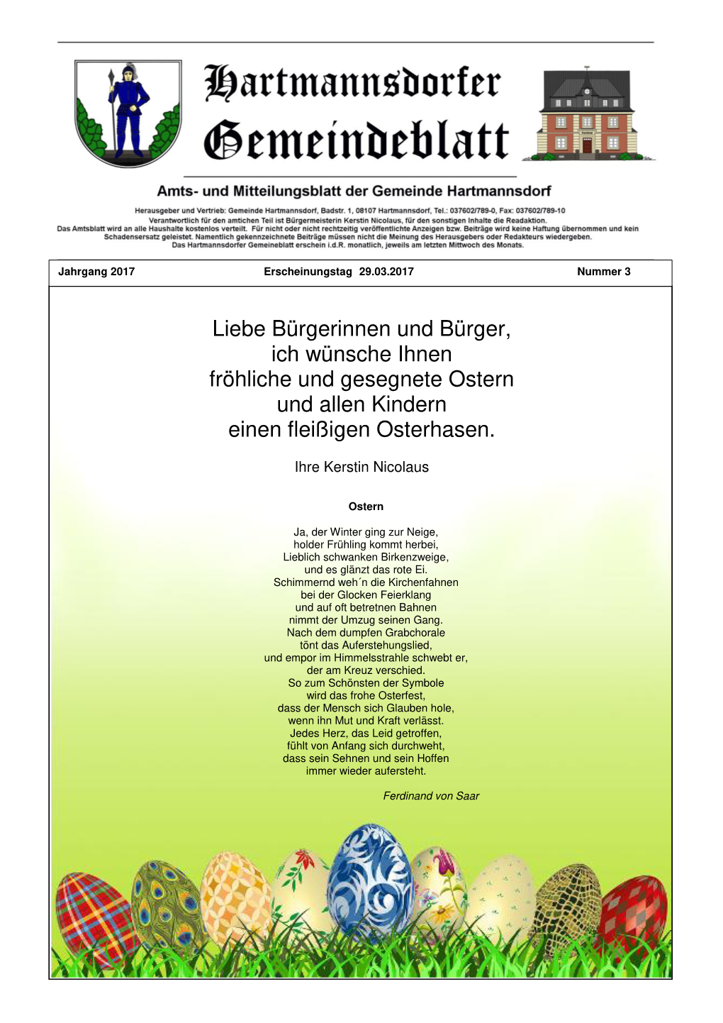 Liebe Bürgerinnen Und Bürger, Ich Wünsche Ihnen Fröhliche Und Gesegnete Ostern Und Allen Kindern Einen Fleißigen Osterhasen