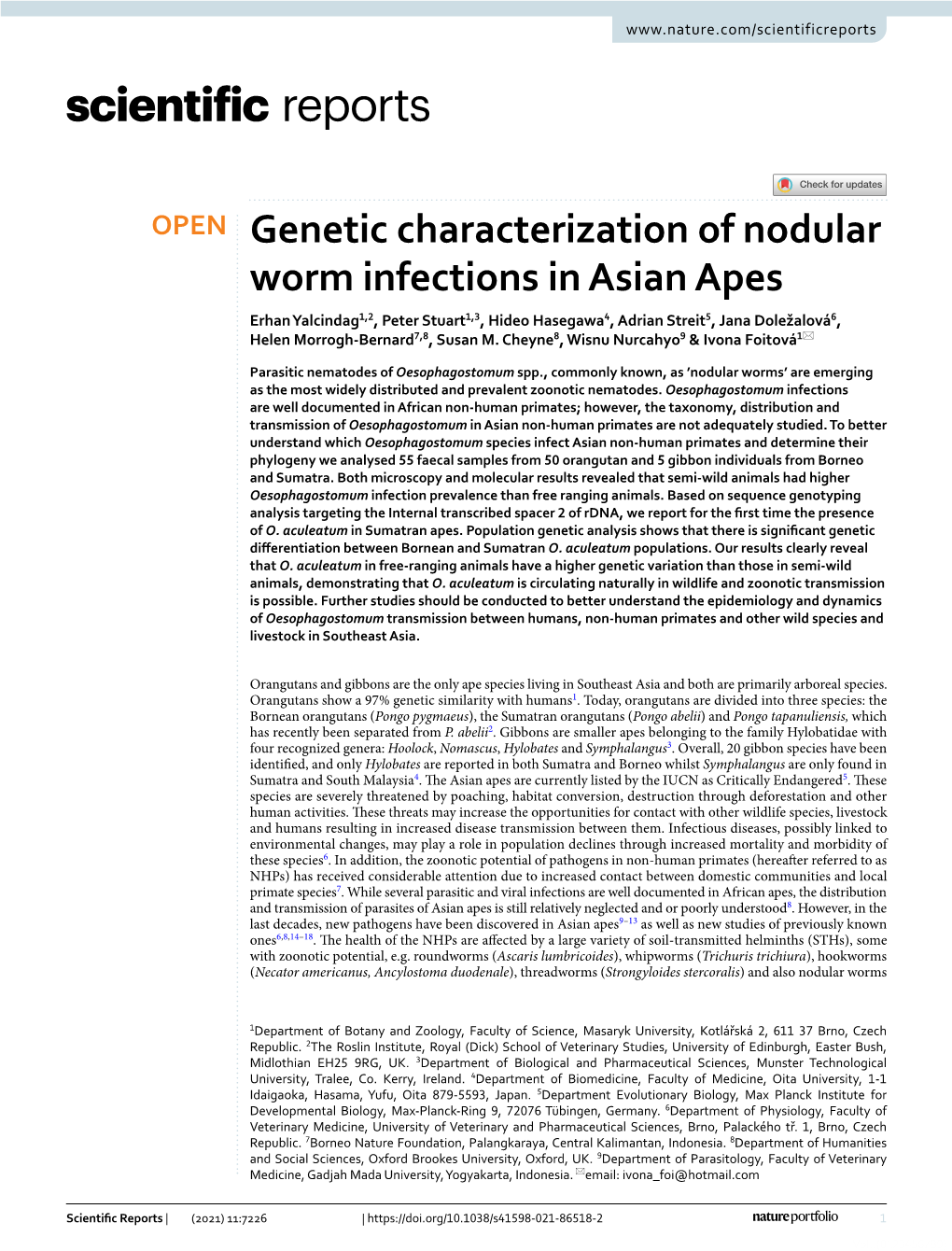 Genetic Characterization of Nodular Worm Infections in Asian Apes