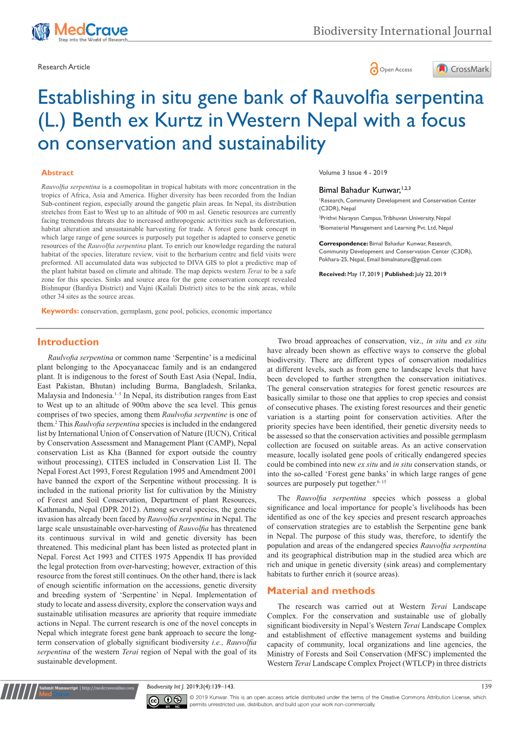 Establishing in Situ Gene Bank of Rauvolfia Serpentina (L.) Benth Ex Kurtz in Western Nepal with a Focus on Conservation and Sustainability