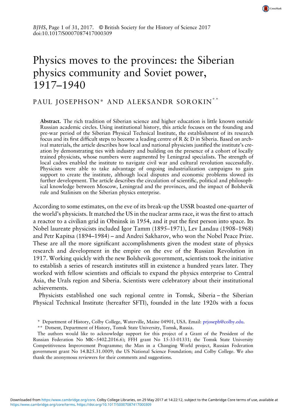 Physics Moves to the Provinces: the Siberian Physics Community and Soviet Power, 1917–1940