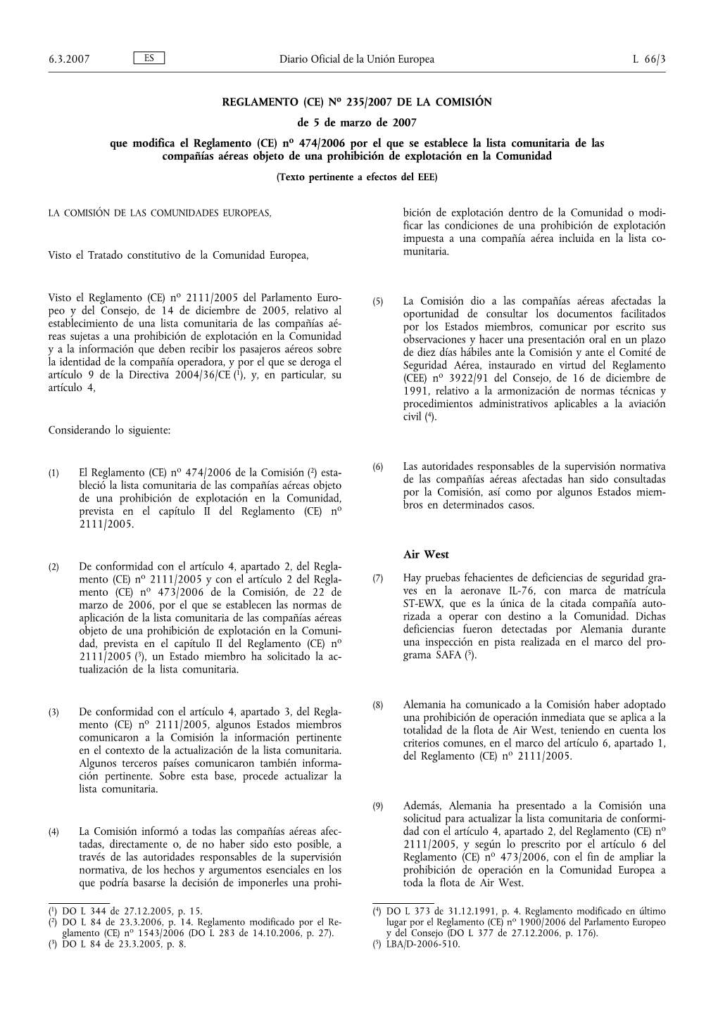 No 235/2007 DE LA COMISIÓN De 5 De Marzo De 2007 Que